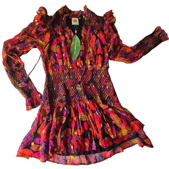 FARM Rio Dresses & Skirts - New Farm Rio Heart Daisy Fairy Whimsy Ruffled Long Sleeve Colorful Dress Size M
